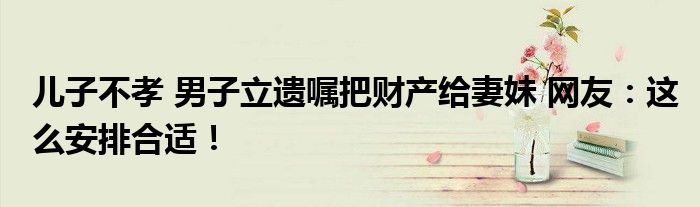 儿子不孝 男子立遗嘱把财产给妻妹 网友：这么安排合适！