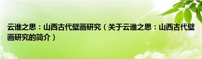 云谁之思：山西古代壁画研究（关于云谁之思：山西古代壁画研究的简介）