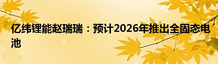 亿纬锂能赵瑞瑞：预计2026年推出全固态电池